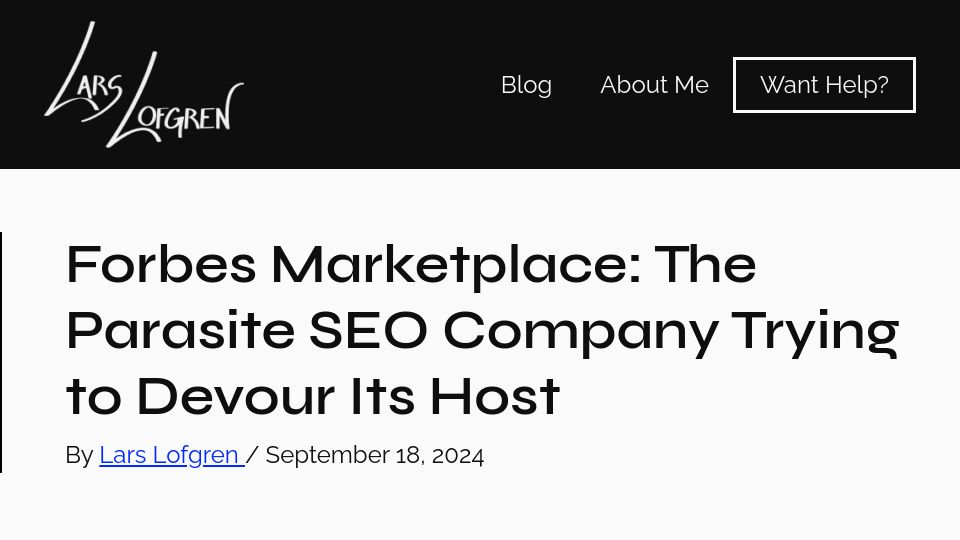 Screenshot of larslofgren.com: Forbes Marketplace: The Parasite SEO Company Trying to Devour Its Host