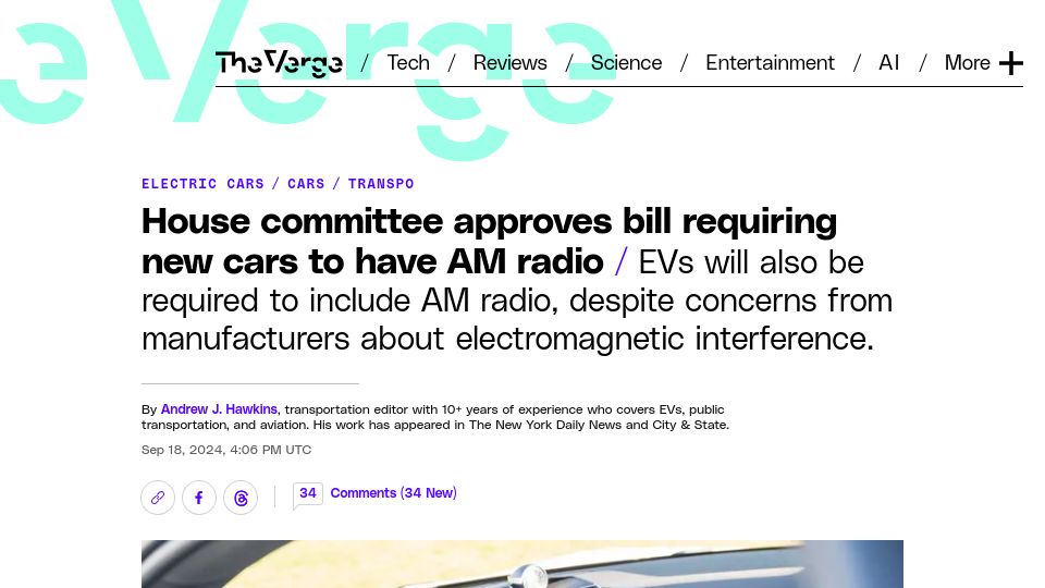 Screenshot of theverge.com: House committee approves bill requiring new cars to have AM radio