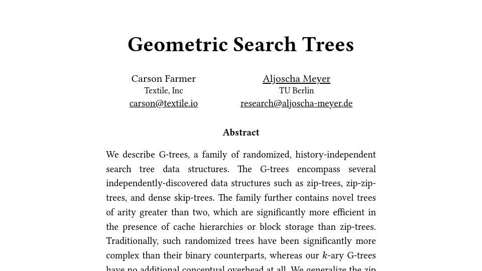 Screenshot of g-trees.github.io: Geometric Search Trees