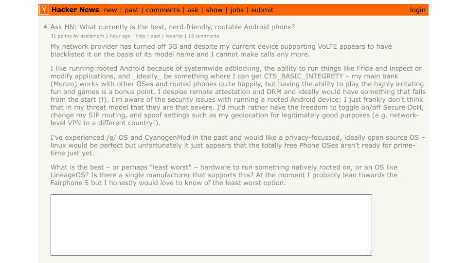 Screenshot of Hacker News post: Ask HN: What currently is the best, nerd-friendly, rootable Android phone?