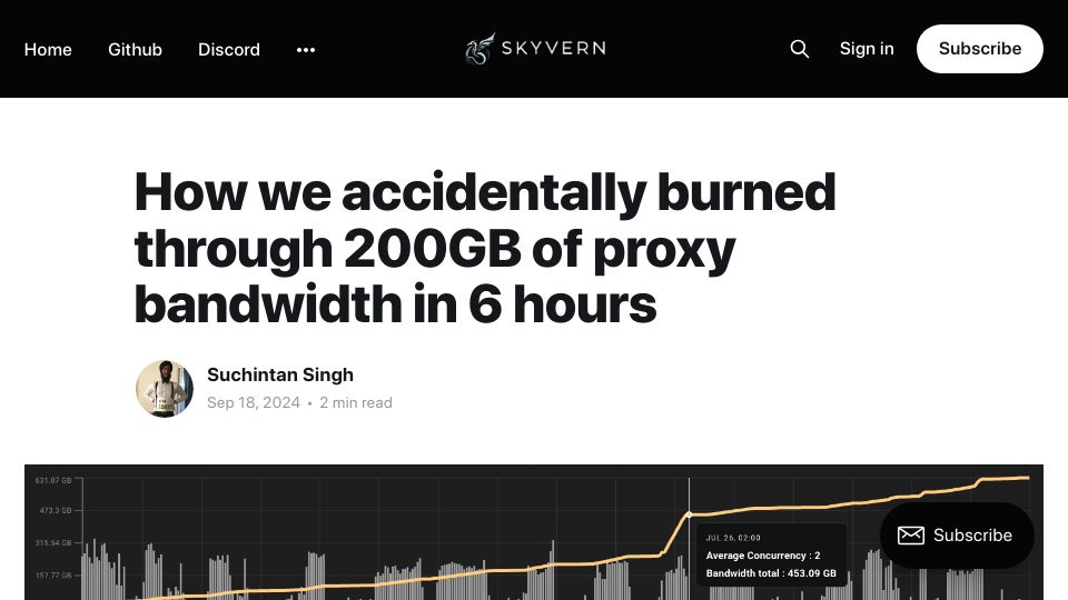 Screenshot of blog.skyvern.com: We accidentally burned through 200GB of proxy bandwidth in 6 hours