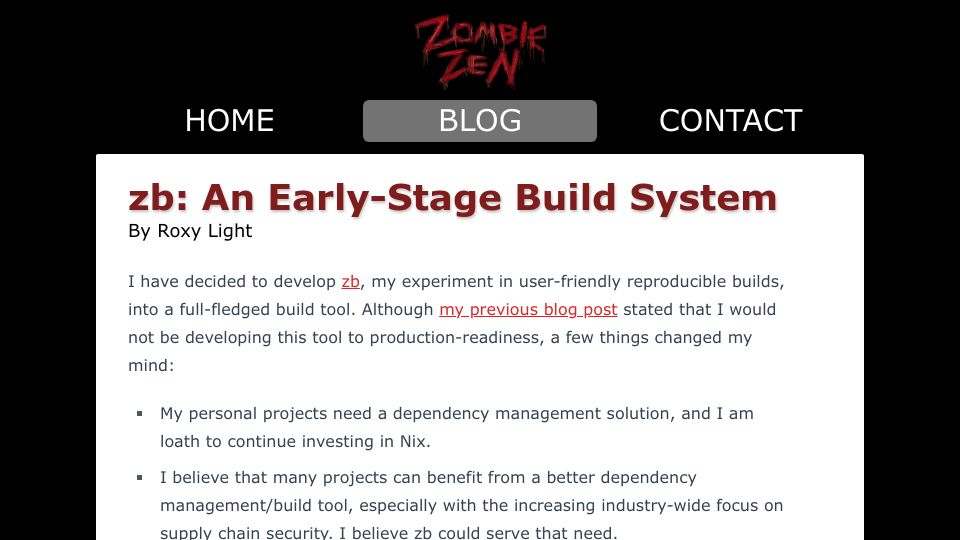 Screenshot of zombiezen.com: Zb: An Early-Stage Build System