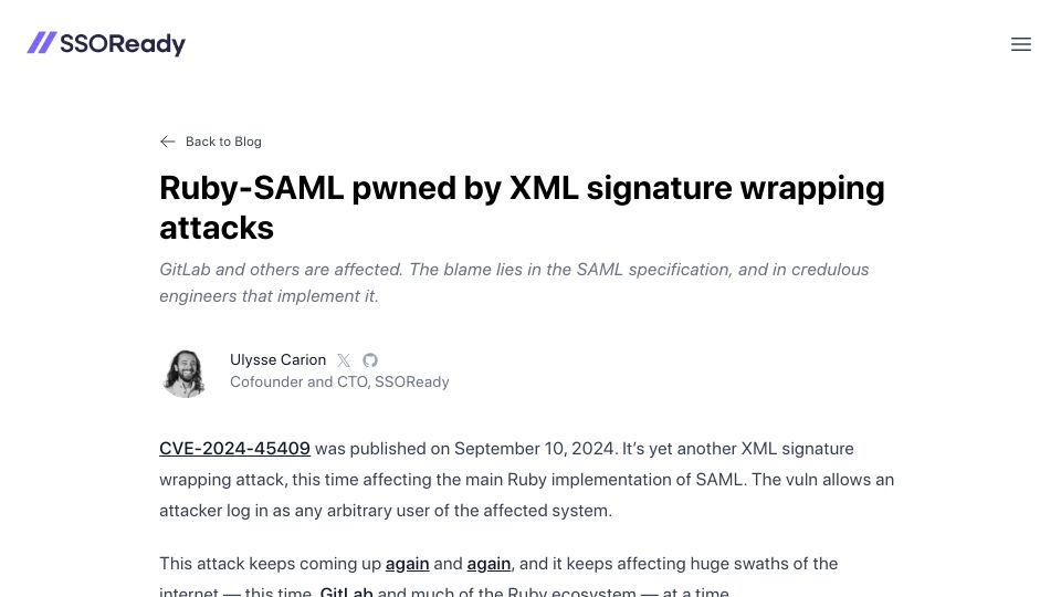 Screenshot of ssoready.com: Ruby-SAML pwned by XML signature wrapping attacks