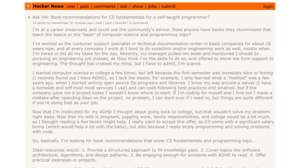 Screenshot of Hacker News post: Ask HN: Book recommendations for CS fundamentals for a self-taught programmer?