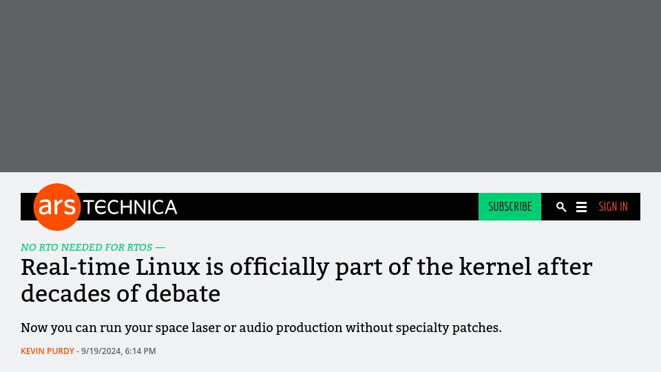 Screenshot of arstechnica.com: Real-time Linux is officially part of the kernel