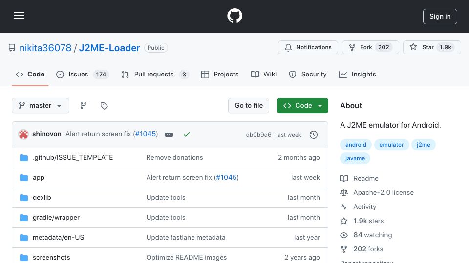 Screenshot of github.com: J2ME-Loader: J2ME emulator for Android devices