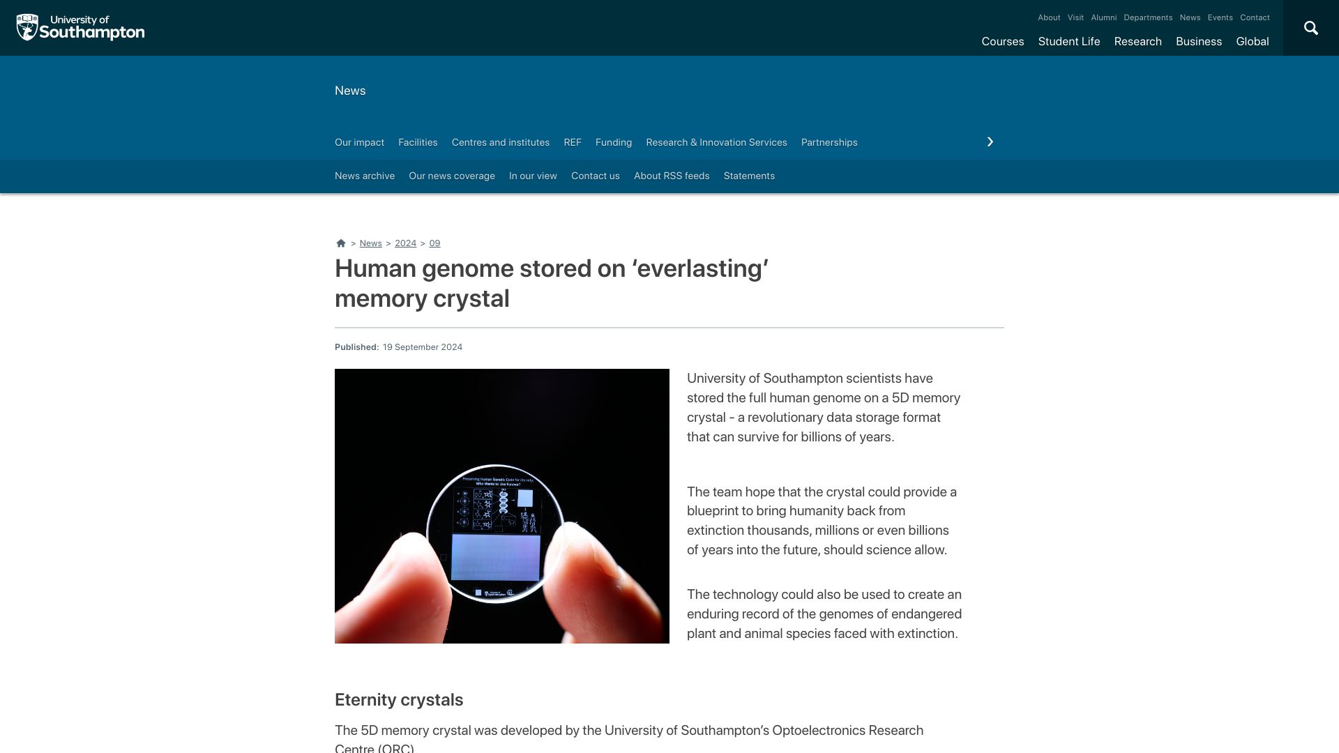 Screenshot of southampton.ac.uk: Human genome stored on 'everlasting' memory crystal