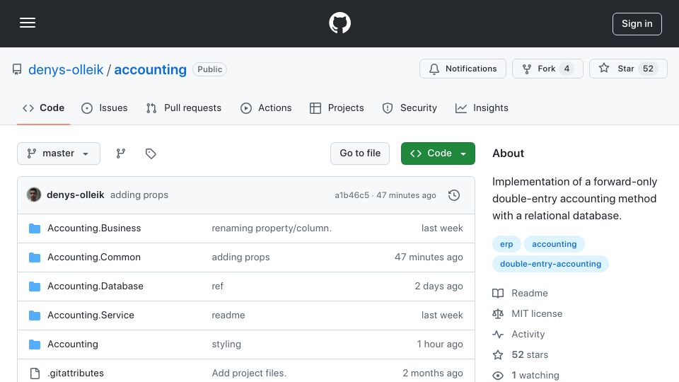 Screenshot of github.com: Show HN: I've Built an Accounting System