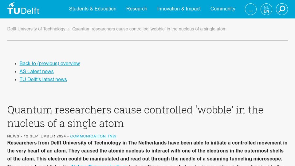 Screenshot of tudelft.nl: Quantum researchers cause controlled 'wobble' in the nucleus of a single atom