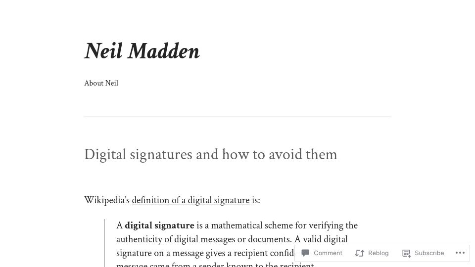 Screenshot of neilmadden.blog: Digital signatures and how to avoid them