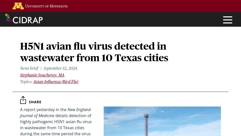 Screenshot of cidrap.umn.edu: Avian flu detected in wastewater from 10 Texas cities