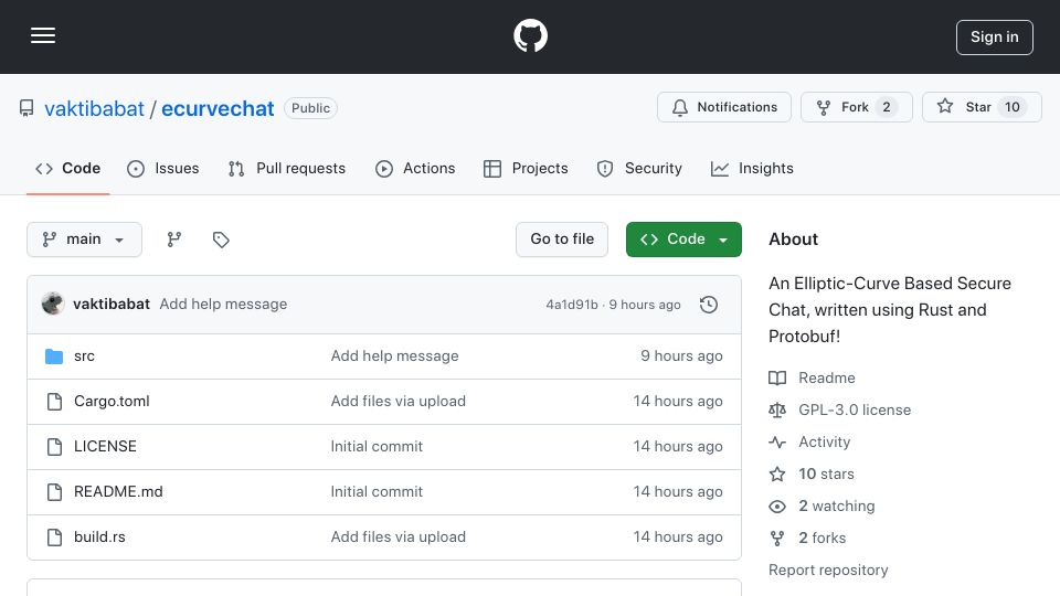 Screenshot of github.com: Show HN: An Elliptic Curve-Based Secure Chat, Written Using Rust and Protobuf
