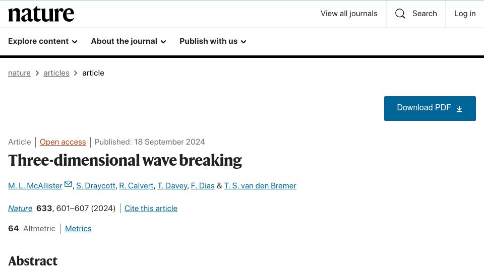 Screenshot of nature.com: Three-Dimensional Wave Breaking