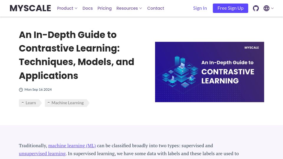 Screenshot of myscale.com: An In-Depth Guide to Contrastive Learning: Techniques, Models, and Applications
