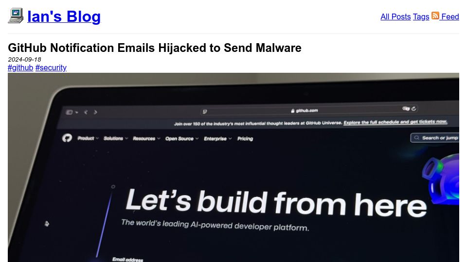 Screenshot of ianspence.com: GitHub notification emails used to send malware