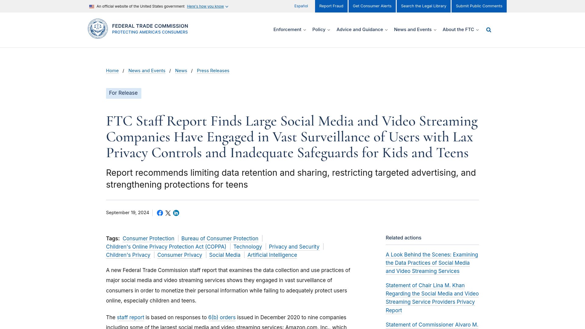 Screenshot of ftc.gov: FTC: Vast Surveillance of Users by Social Media and Video Streaming Companies