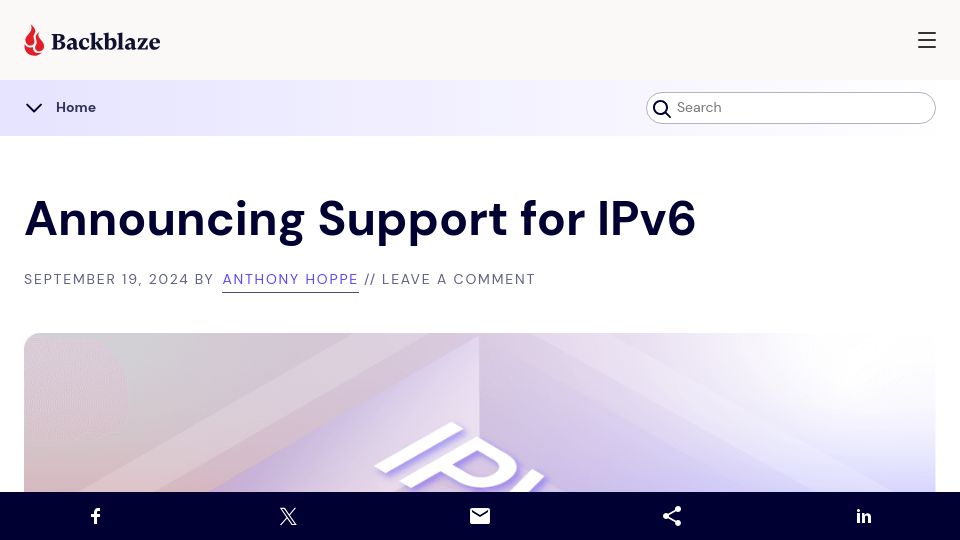 Screenshot of backblaze.com: Support for IPv6