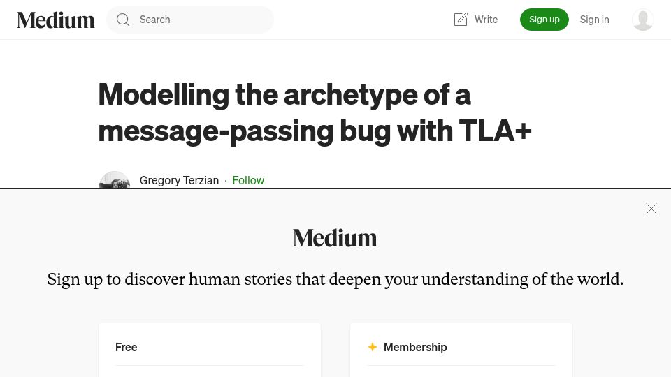 Screenshot of medium.com: Modelling the archetype of a message-passing bug with TLA+ (2022)