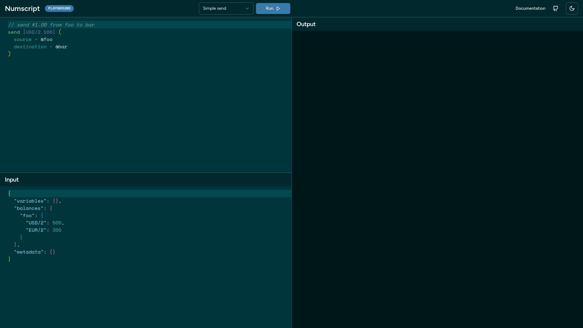 Screenshot of playground.numscript.org: Show HN: Numscript, a declarative language to model financial transactions