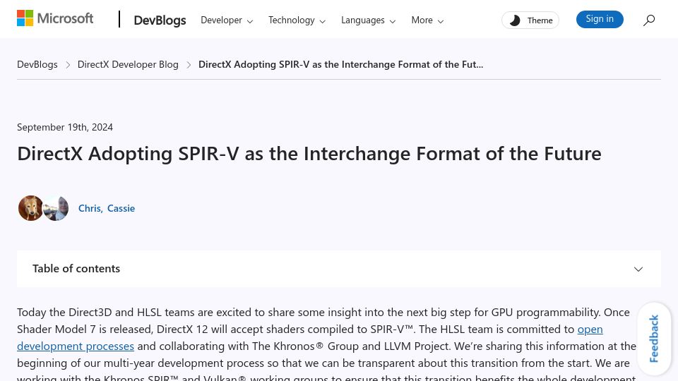 Screenshot of devblogs.microsoft.com: DirectX Adopting SPIR-V as the Interchange Format of the Future