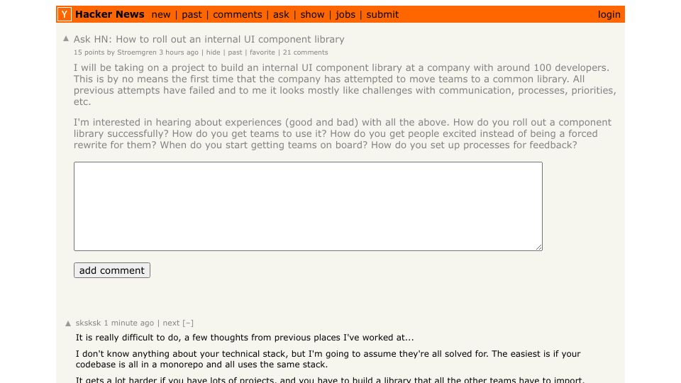 Screenshot of Hacker News post: Ask HN: How to roll out an internal UI component library