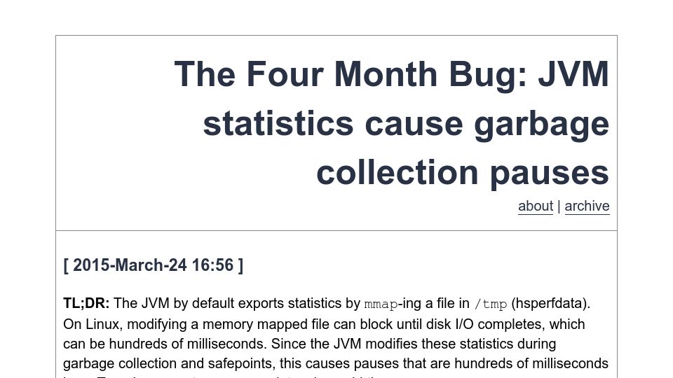 Screenshot of evanjones.ca: JVM statistics cause garbage collection pauses (2015)