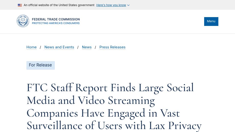 Screenshot of ftc.gov: FTC: Vast Surveillance of Users by Social Media and Video Streaming Companies