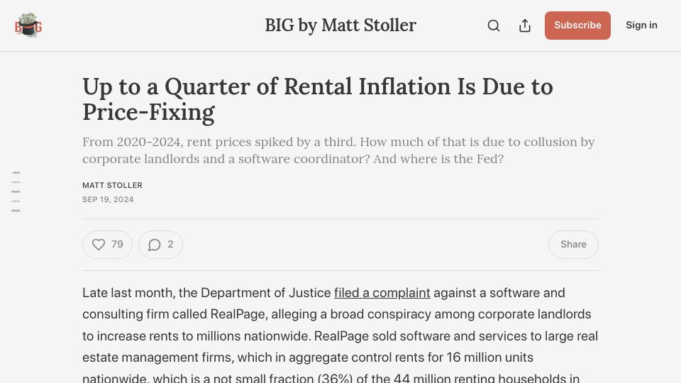 Screenshot of thebignewsletter.com: Up to a Quarter of Rental Inflation Is Due to Price-Fixing