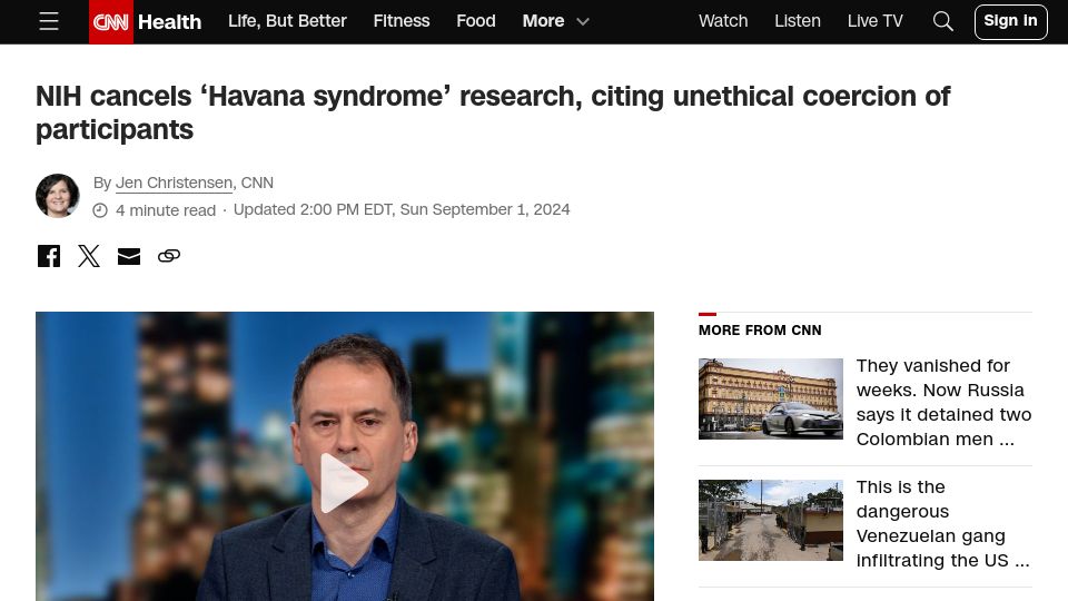 Screenshot of cnn.com: NIH cancels ‘Havana syndrome’ research, citing unethical coercion
