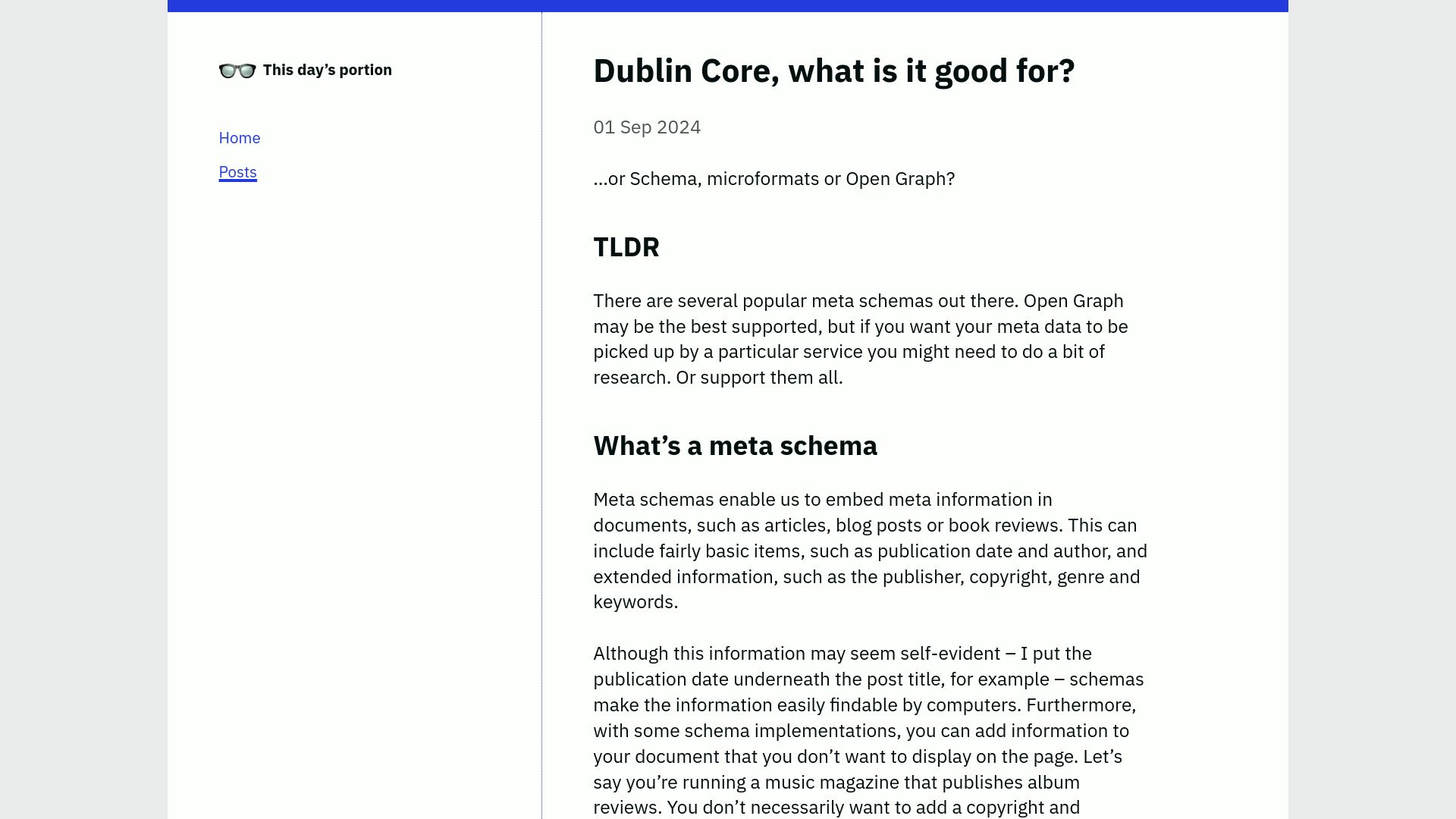 Screenshot of thisdaysportion.com: Dublin Core, what is it good for?