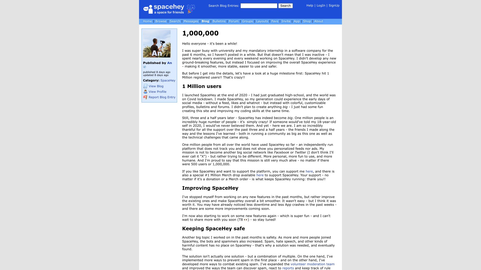 Screenshot of blog.spacehey.com: 1M Users