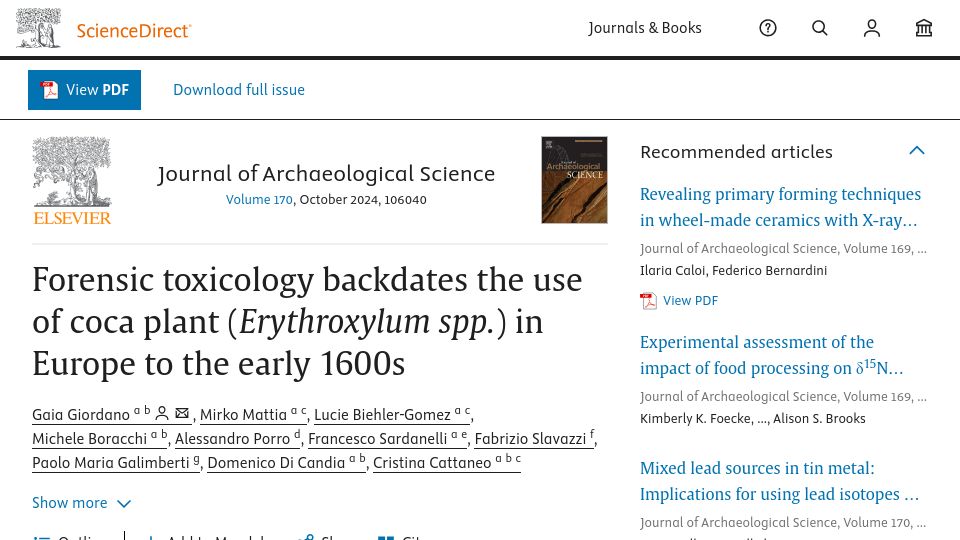 Screenshot of sciencedirect.com: Forensic toxicology backdates the use of coca plant in Europe to the early 1600s
