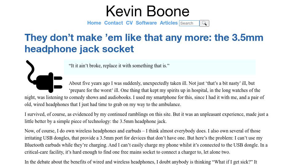 Screenshot of kevinboone.me: They don't make 'em like that any more: the 3.5mm headphone jack socket