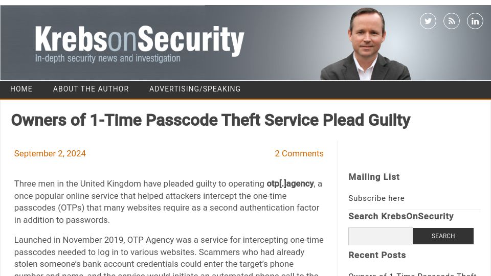 Screenshot of krebsonsecurity.com: Owners of 1-Time Passcode Theft Service Plead Guilty