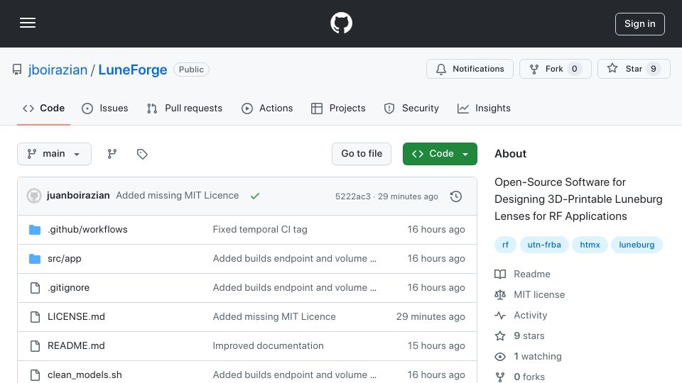 Screenshot of github.com: Show HN: Open-Source Software for Designing 3D-Printable Luneburg Lenses for RF