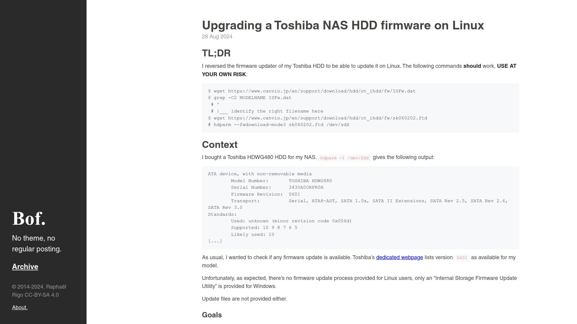 Screenshot of syscall.eu: Upgrading a Toshiba NAS HDD Firmware on Linux