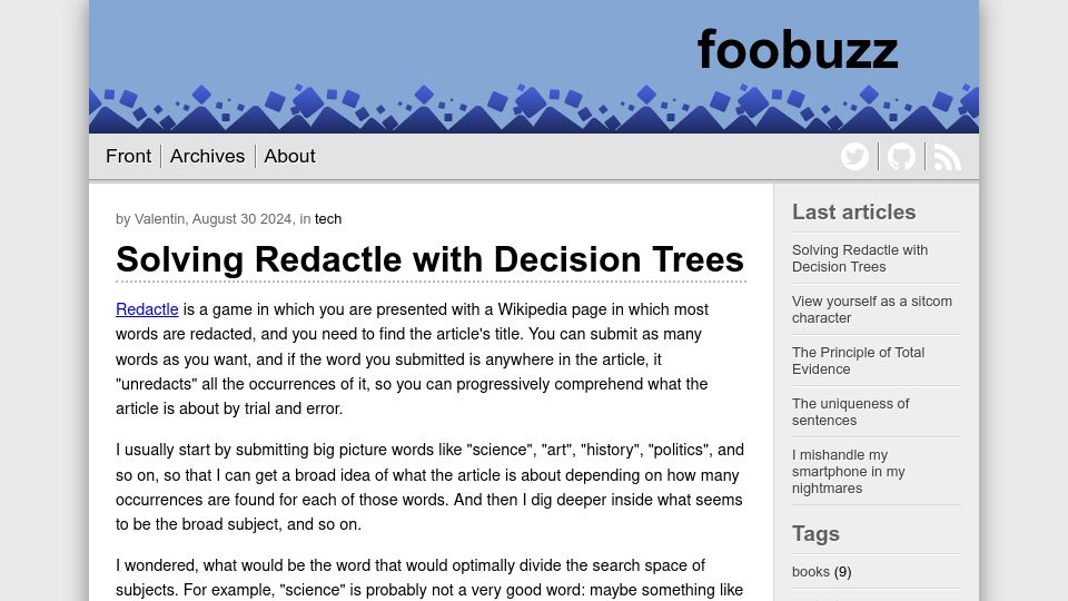 Screenshot of blog.valentin.sh: Solving Redactle with Decision Trees