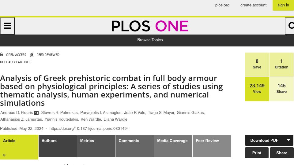 Screenshot of journals.plos.org: Analysis of Greek prehistoric combat in full body armour