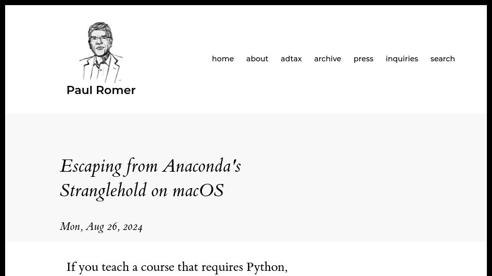 Screenshot of paulromer.net: Escaping from Anaconda (Python)