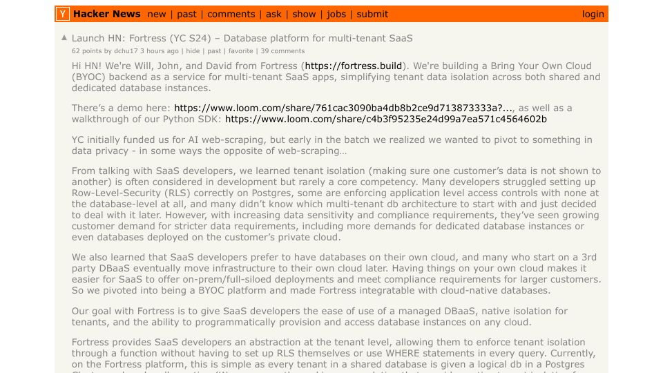 Screenshot of Hacker News post: Launch HN: Fortress (YC S24) – Database platform for multi-tenant SaaS