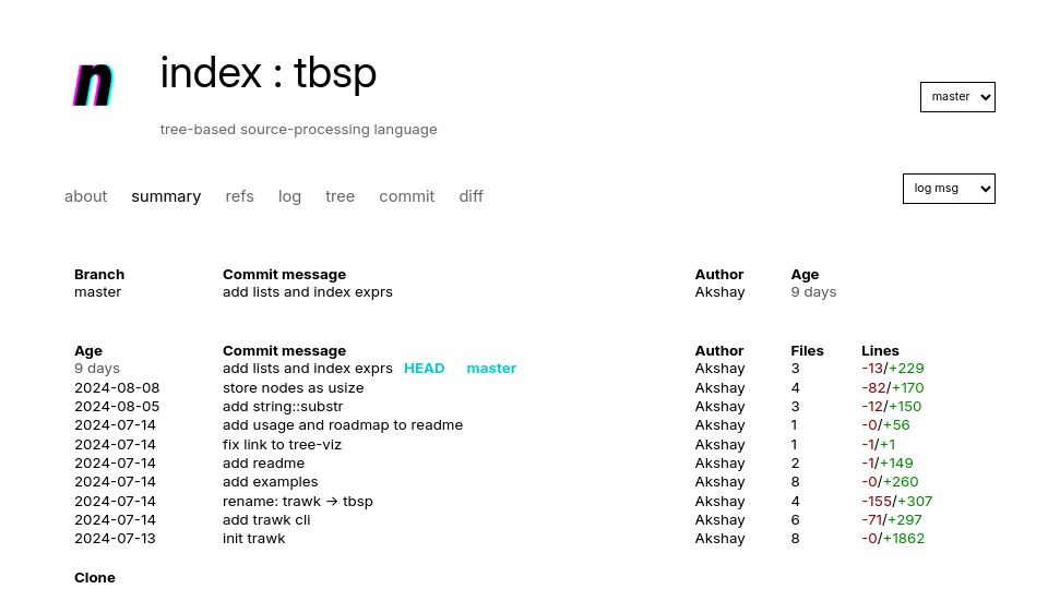 Screenshot of git.peppe.rs: Tbsp – treesitter-based source processing language