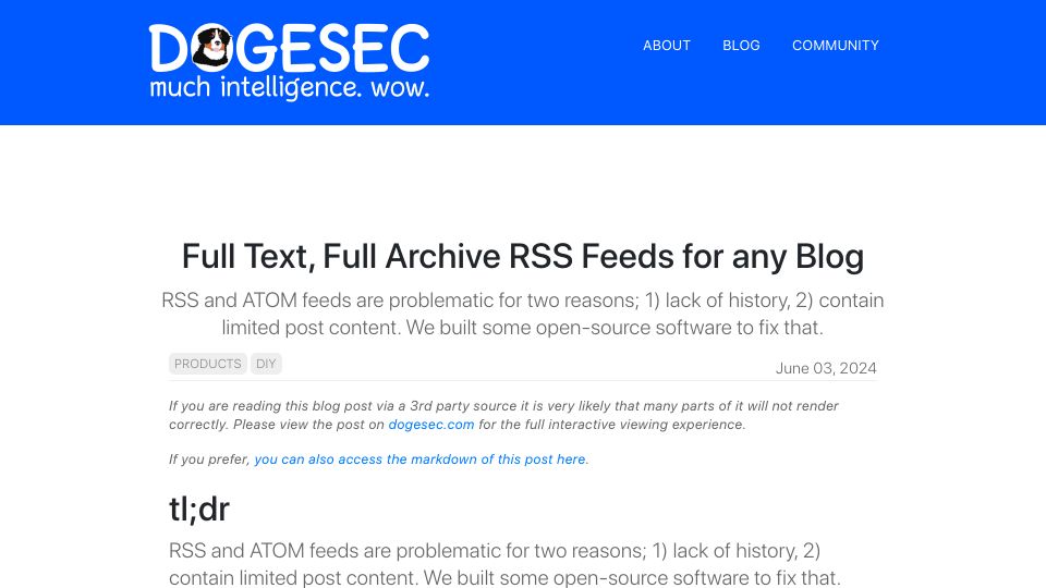 Screenshot of dogesec.com: Show HN: Full Text, Full Archive RSS Feeds for Any Blog