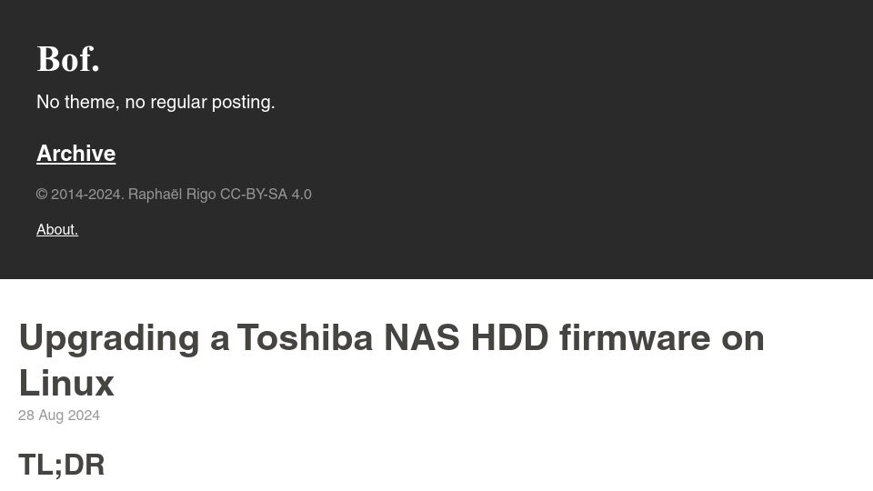 Screenshot of syscall.eu: Upgrading a Toshiba NAS HDD Firmware on Linux