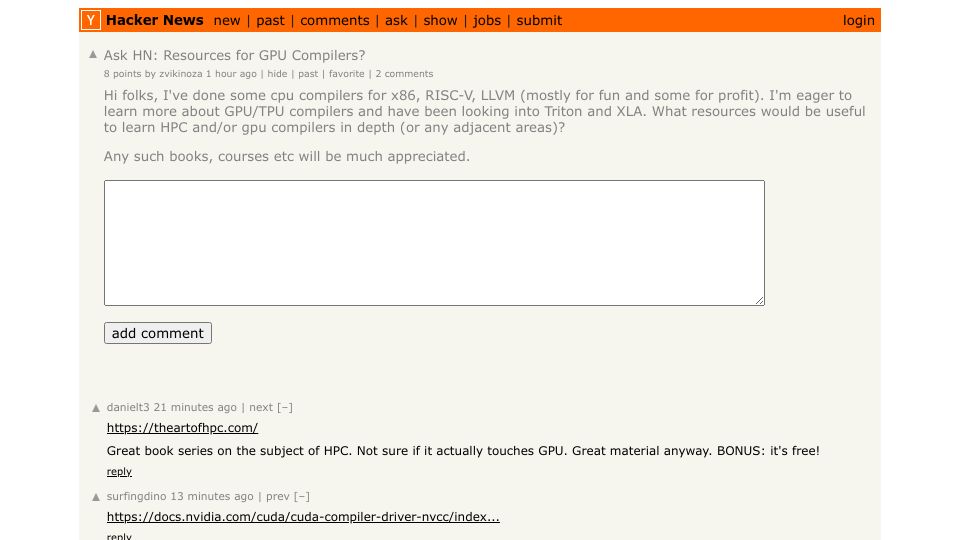 Screenshot of Hacker News post: Ask HN: Resources for GPU Compilers?