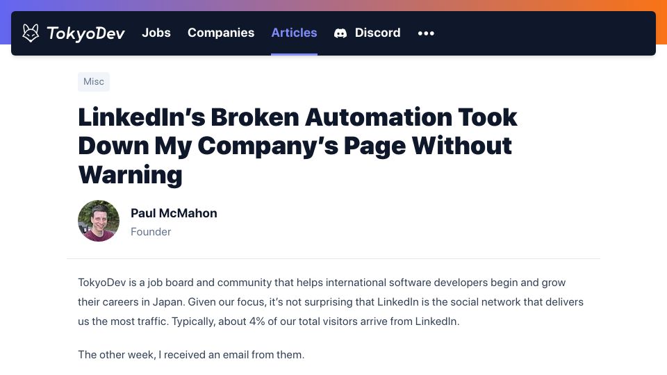 Screenshot of tokyodev.com: LinkedIn's Broken Automation Took Down My Company's Page Without Warning