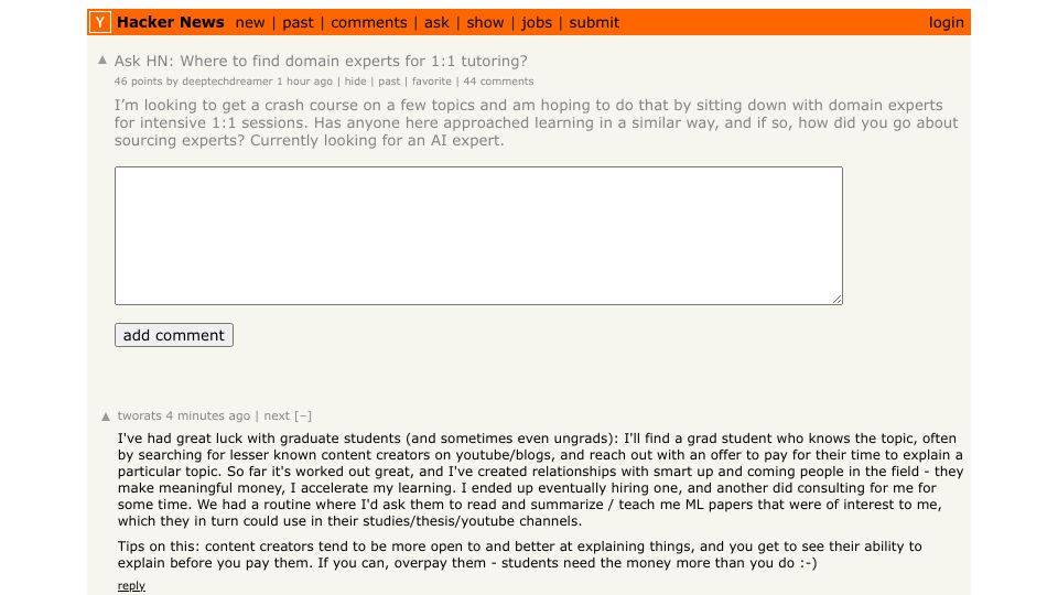 Screenshot of Hacker News post: Ask HN: Where to find domain experts for 1:1 tutoring?