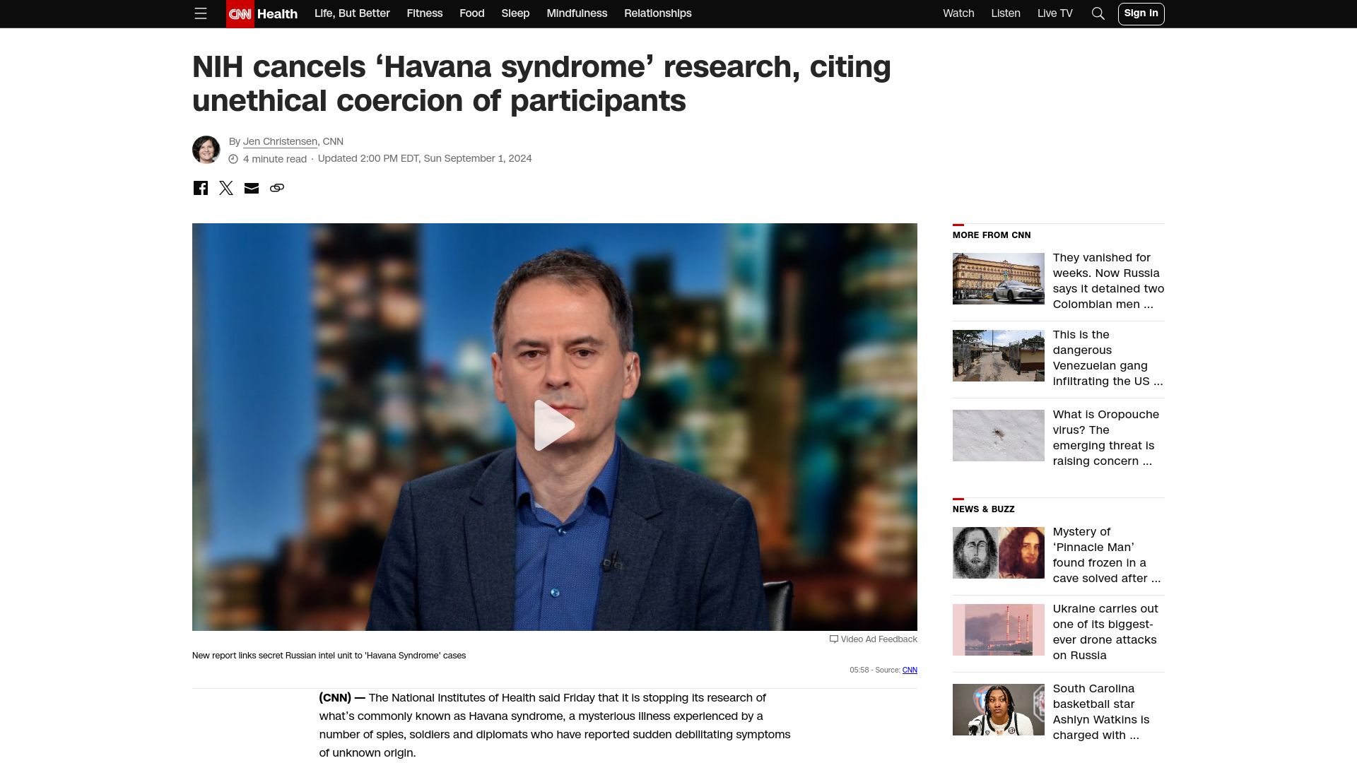 Screenshot of cnn.com: NIH cancels ‘Havana syndrome’ research, citing unethical coercion