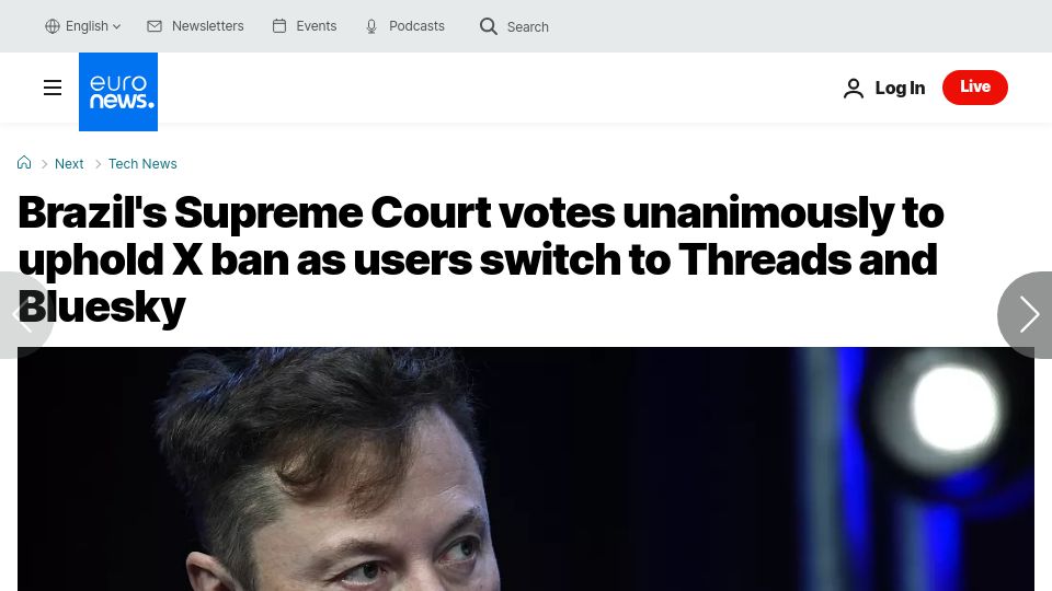 Screenshot of euronews.com: Brazil Court votes unanimously to uphold X ban. Users switch to Threads, Bluesky