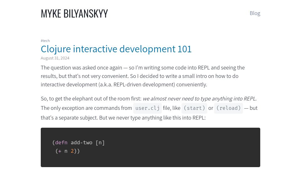 Screenshot of myke.blog: Clojure Interactive Development 101