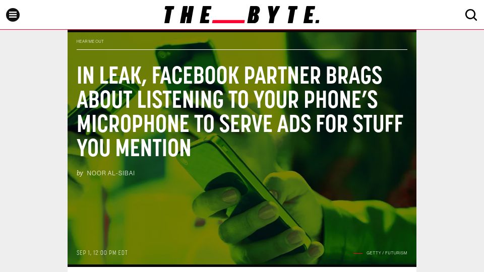 Screenshot of futurism.com: Facebook partner brags about listening to your phone's microphone